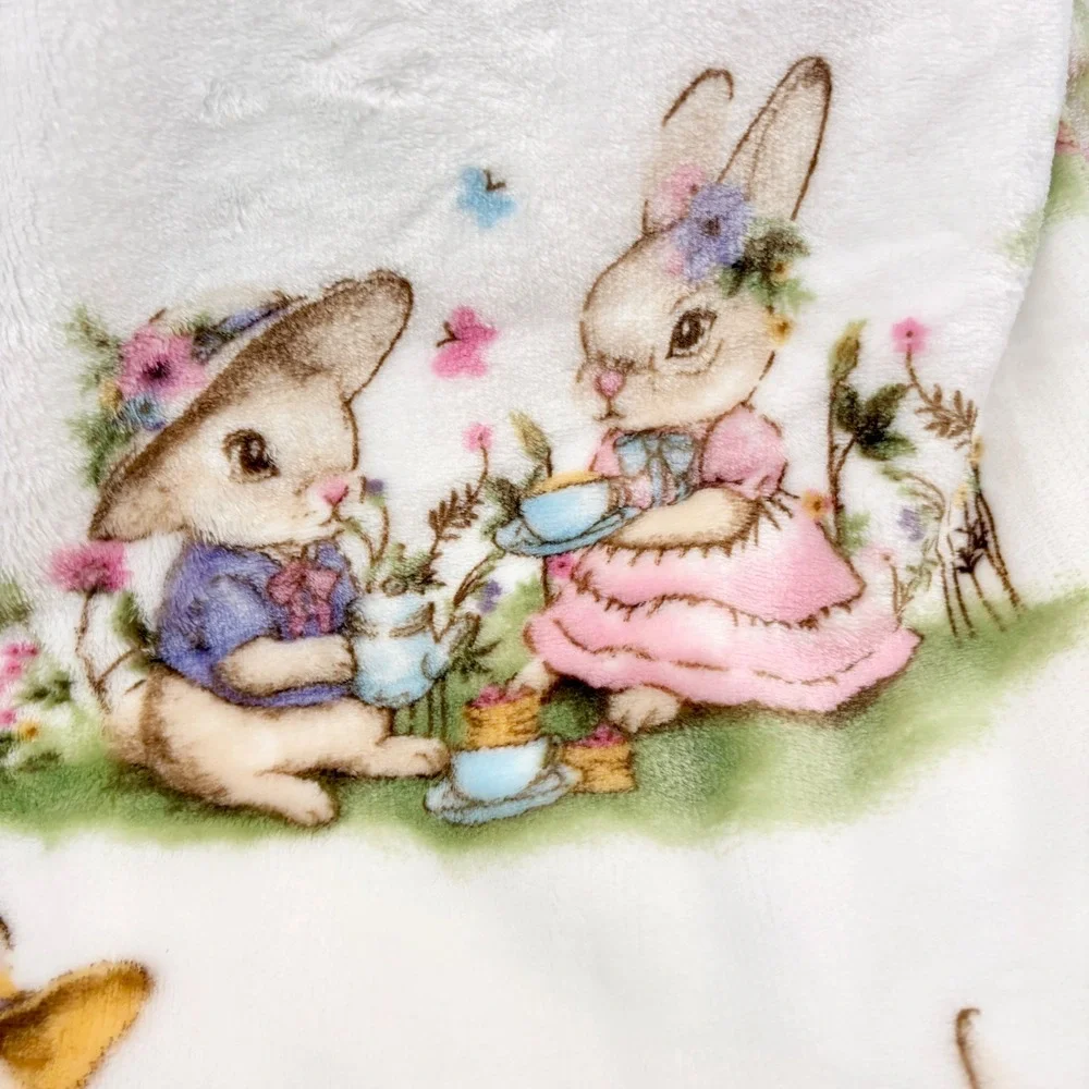 Adirondack Easter Spring Throw Blanket White Bunnies Floral Garden Tea party